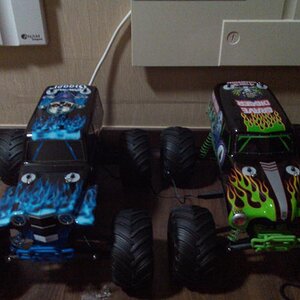 My sons Son-uva Digger and my Grave Digger. They are a lot of fun but break way to easy. Grave digger got the upgrades with a brushless motor and Momb