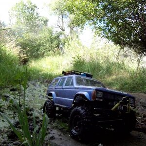 Snapshot taken while filming in Two Moon Park, in Billings, MT. My SCX10 Jeep Cherokee doing a little playing in the swamp.