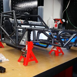 Chassis on jacks - stands ready for the build.