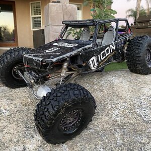 At her heaviest - 9.8 lbs. AMF Aluminum body panels, Pro-Line 5” Super Bright Curved light bar, RC4WD Baja Designs Pro LED Lights (under hood)