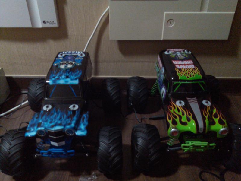 My sons Son-uva Digger and my Grave Digger. They are a lot of fun but break way to easy. Grave digger got the upgrades with a brushless motor and Momb