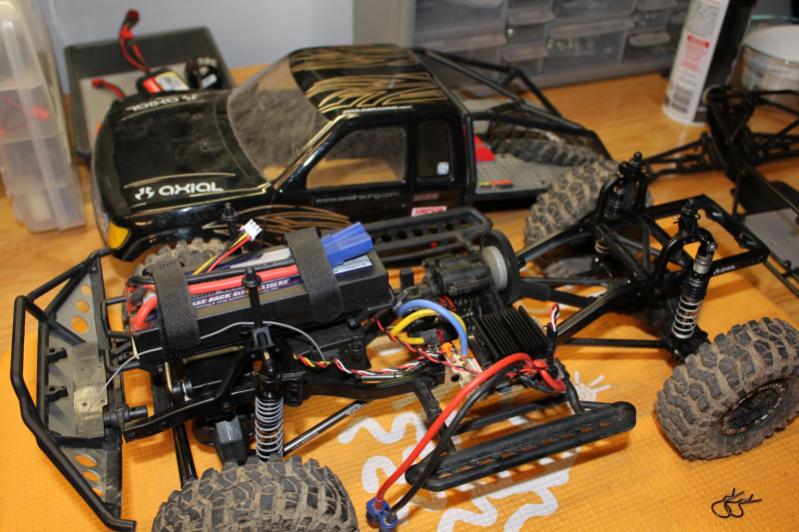 Pretty much stock SCX-10.  The ESC is mounted on a bracket made by AJS Machine, and I have Vanquish Products aluminum body mounts.