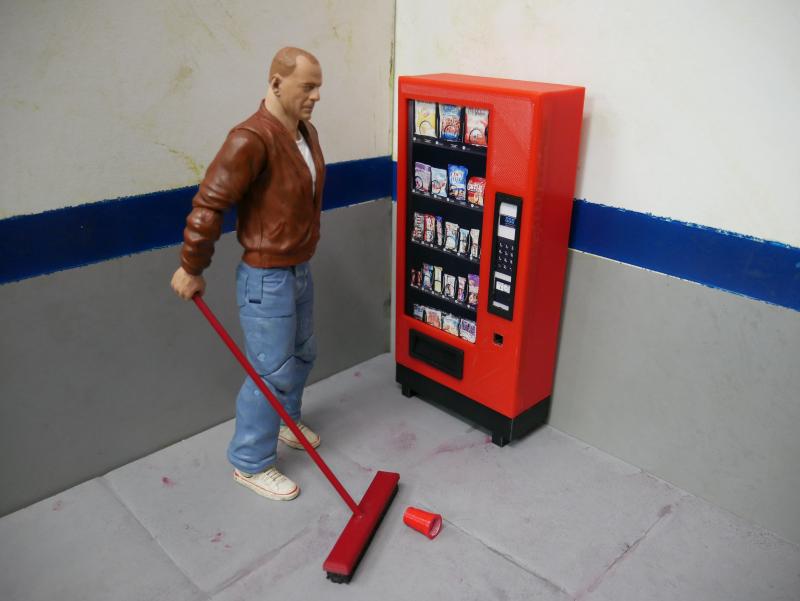 Vending machine with shop broom, action figure is 7 inches tall